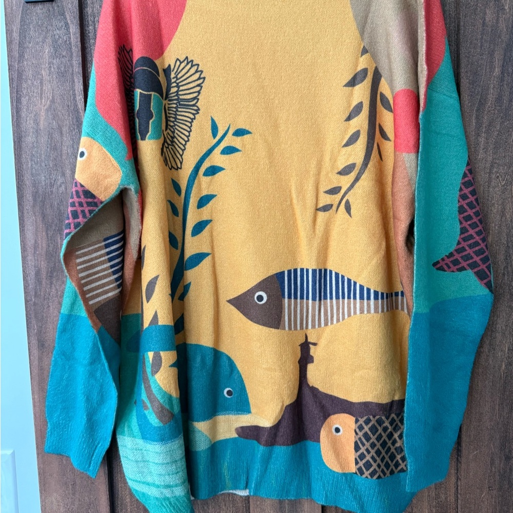 Wool Blend Sweater Plush Fish/ sea life  Print Outdoor Winter Oversized women’s - Picture 4 of 10